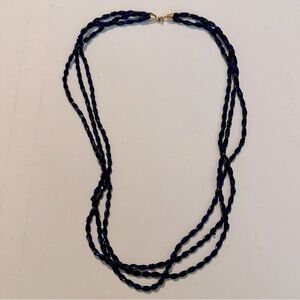 Bugle Tube Glass Beaded Blue Black Multi-Strand Torsade Necklace